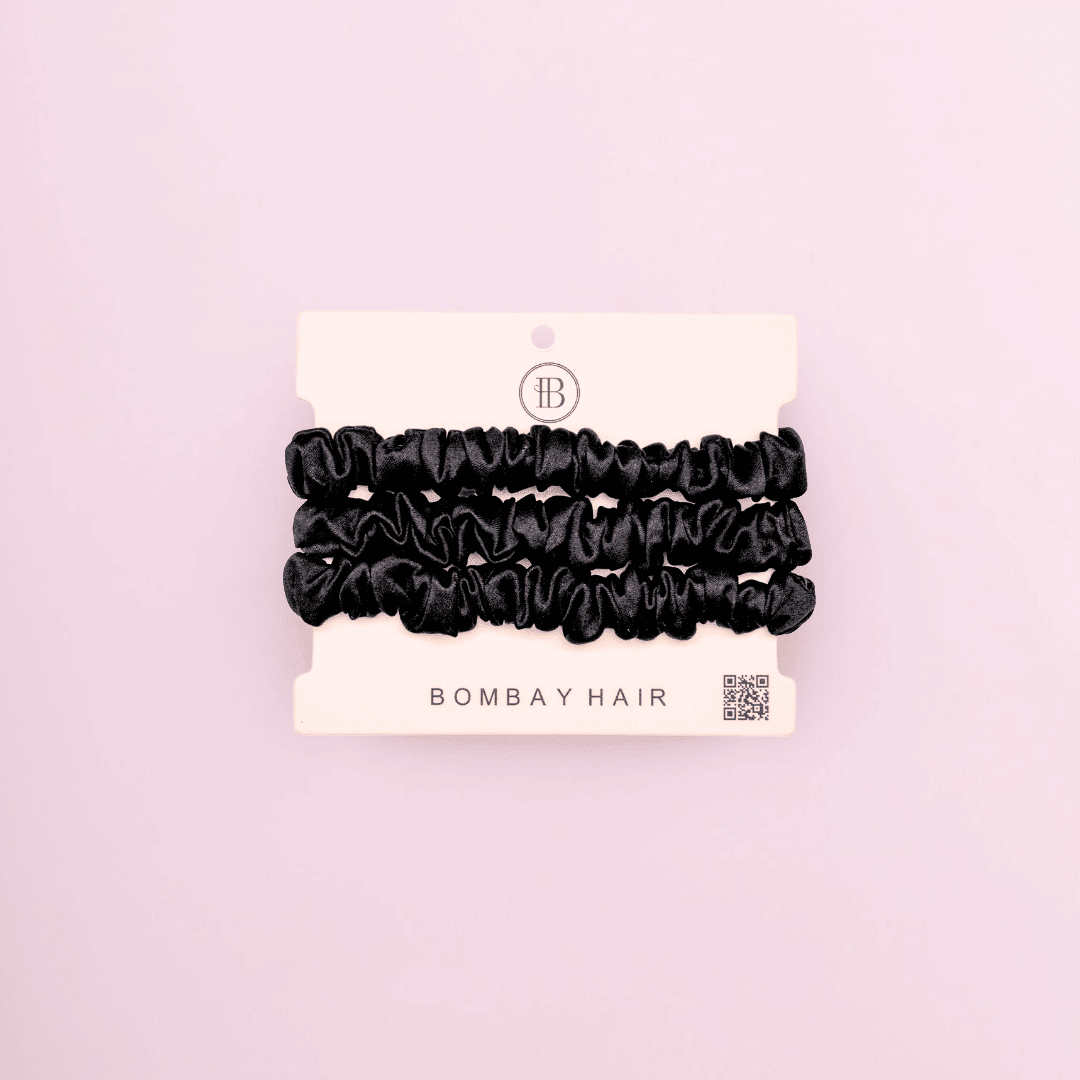 3 Silk Scrunchies (Skinny) - Black - BOMBAY HAIR