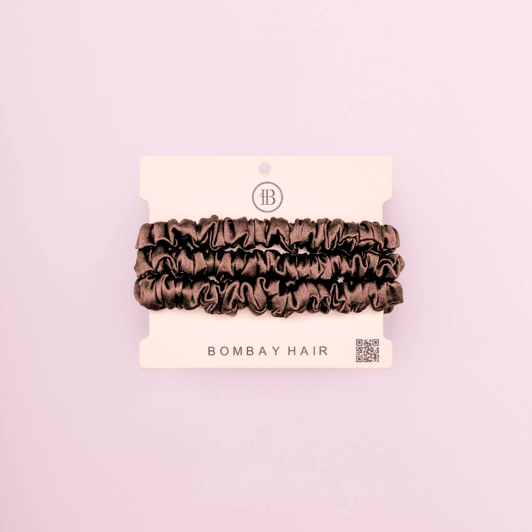 3 Silk Scrunchies (Skinny) - Brown - BOMBAY HAIR