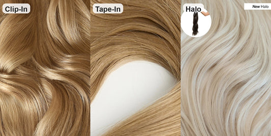 Bombay Hair comparison of clip-in, tape-in, and halo hair extension types