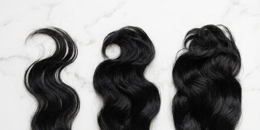 Bombay Hair extension sets in 120g, 160g, and 220g displayed side by side on marble