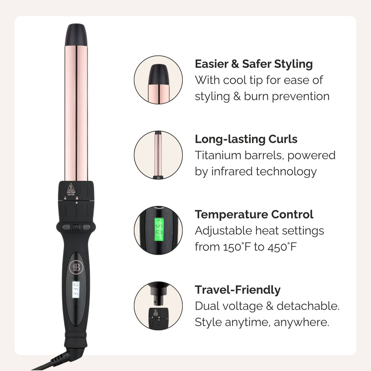 Bombay Hair 25mm (1") Rose Gold Curling Wand Features