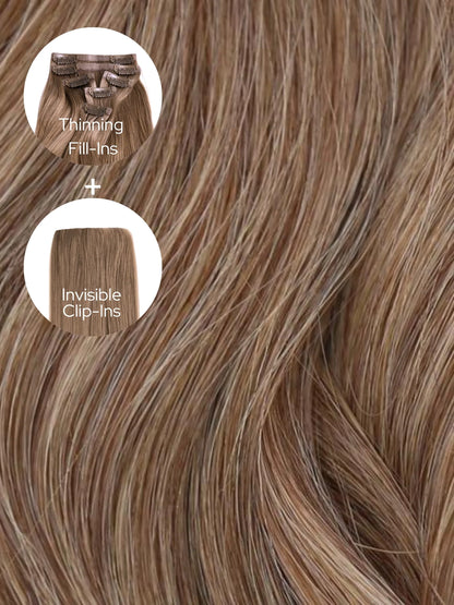 Caramel Ash Blend (4/9) Thinning Hair and Invisible Clip-ins Bundle