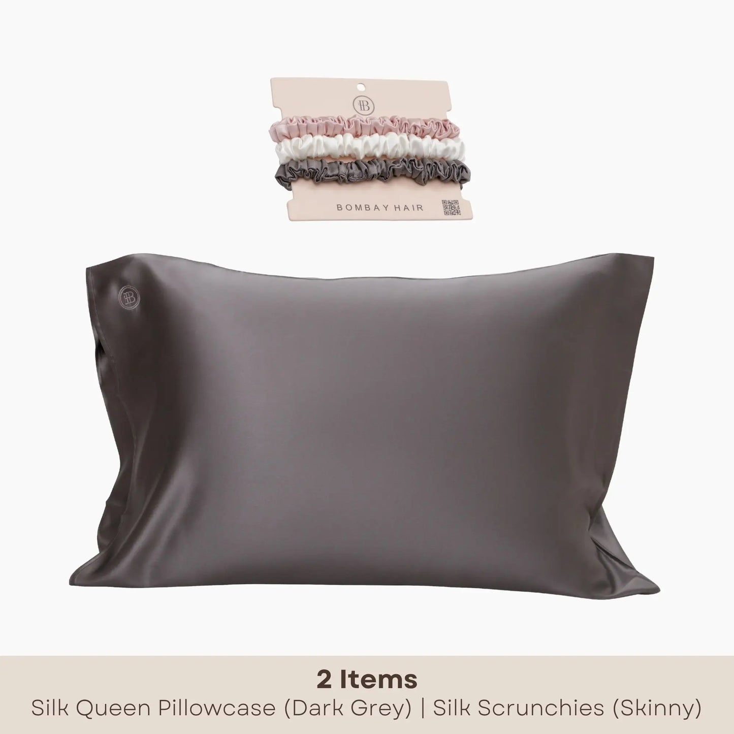 Dark Grey Silk Pillowcase (Queen) + Scrunchies