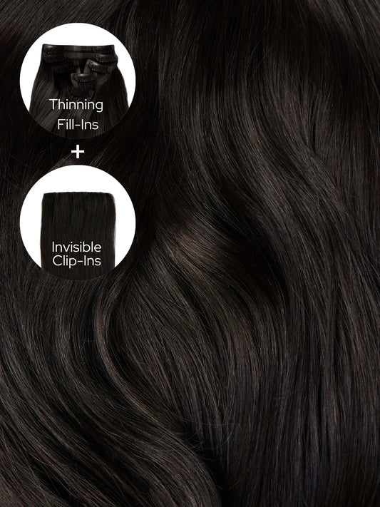 Soft Black (1C) Thinning Hair and Invisible Clip-Ins Bundle