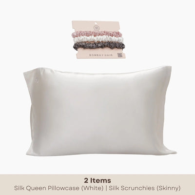 White Silk Pillowcase (Queen) + Scrunchies