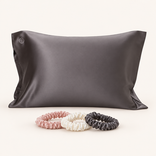 Dark Grey Silk Pillowcase (Queen) + Scrunchies — refreshed product image