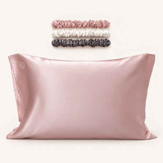 Pink Silk Pillowcase (Queen) + Scrunchies — refreshed product image