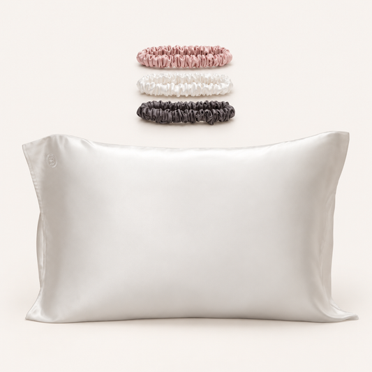 White Silk Pillowcase (Queen) + Scrunchies — refreshed product image
